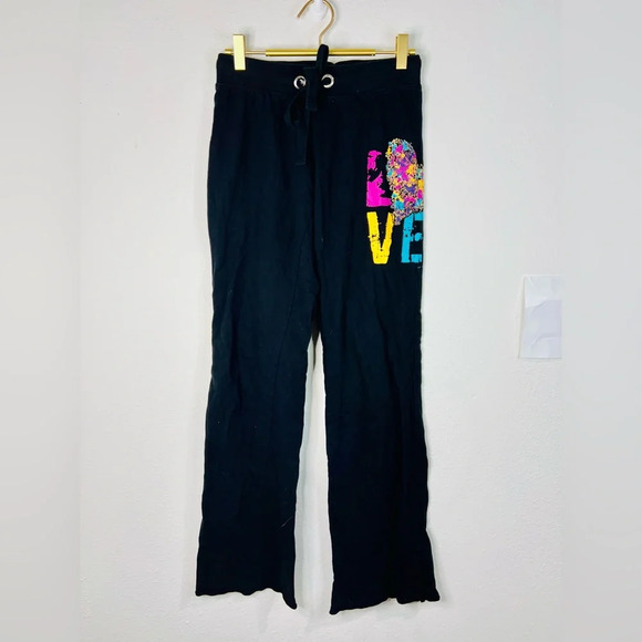 Rue21 Women’s Black Flare Lounge Pants LOVE Colorful Graphic Size Small - Picture 2 of 8